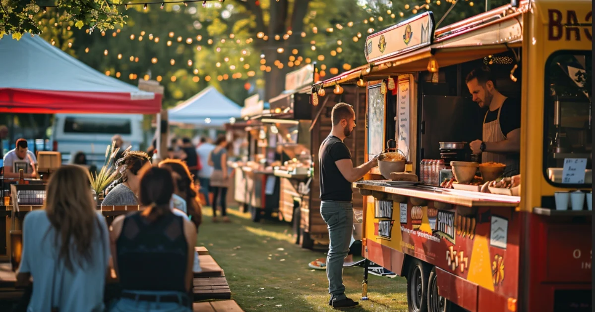 People enjoying a food truck festival with string lights, vendor stalls, and outdoor seating